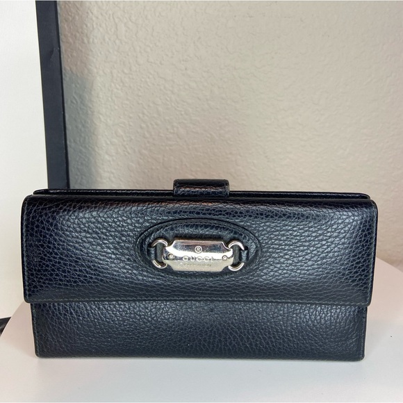 Gucci VGUC Logo Black Calfskin Double Snap Long Wallet - Picture 1 of 16